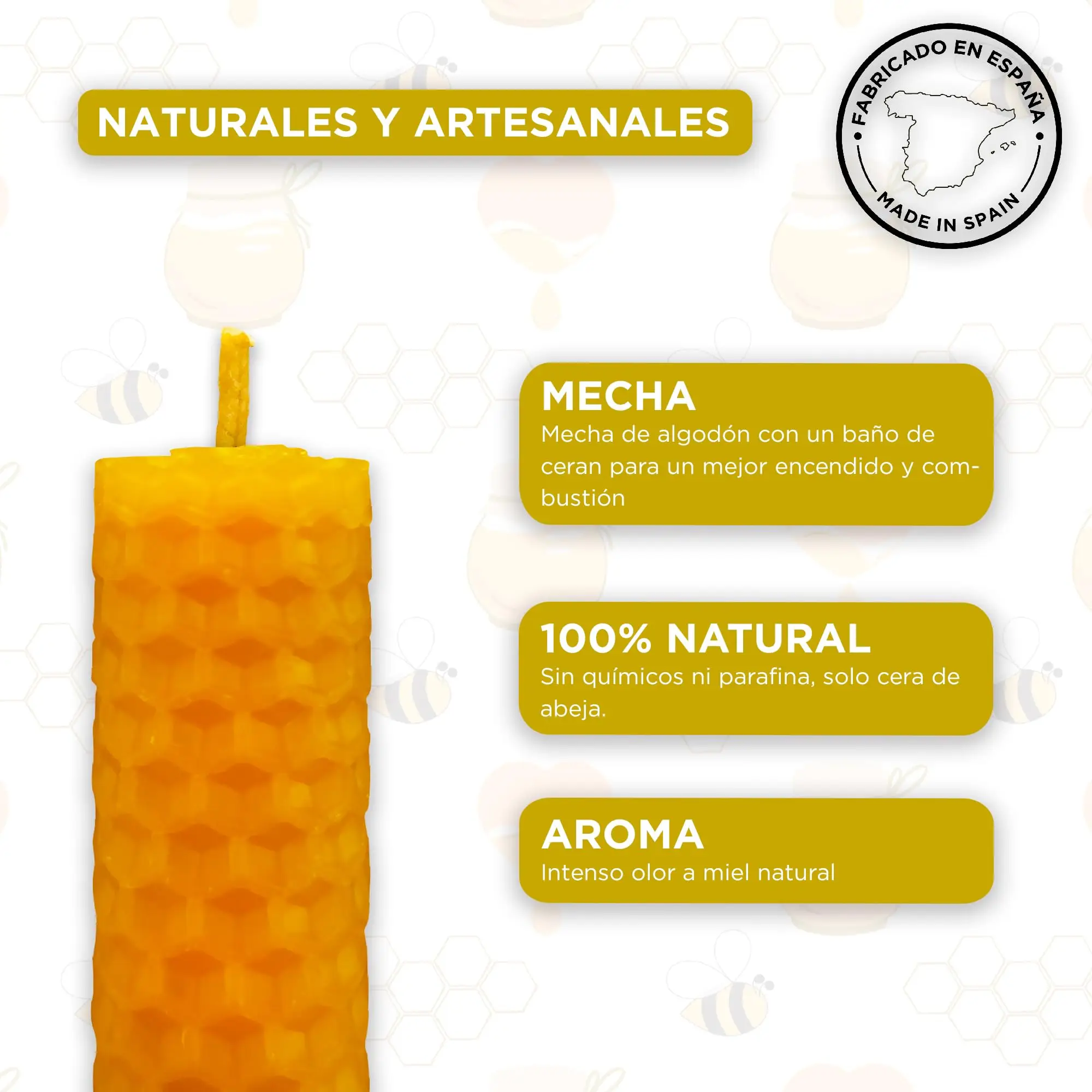 LAMARE Natural bee honey candle 100% pure beeswax-Ideal Ritual days 11 and 22 - (Pack of 6, 20 cm length-2 cm diameter)-Spanish origin-without paraffin-artisan and natural 100%