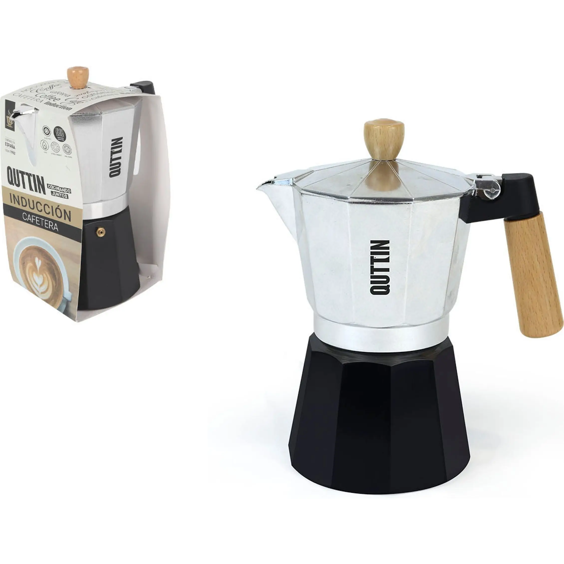 Quttin - Cafetera Italiana Aluminio 12 Servicios Inducción Mango Madera - Diseño Clásico y Elegante, Duradera y Auténtica