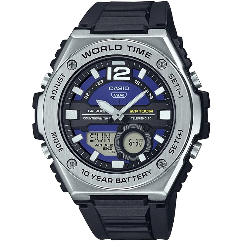 Reloj Casio Sport MWQ-100-2AV 50.6mm 100m WR correa de resina Hora Mundial 10 años batería