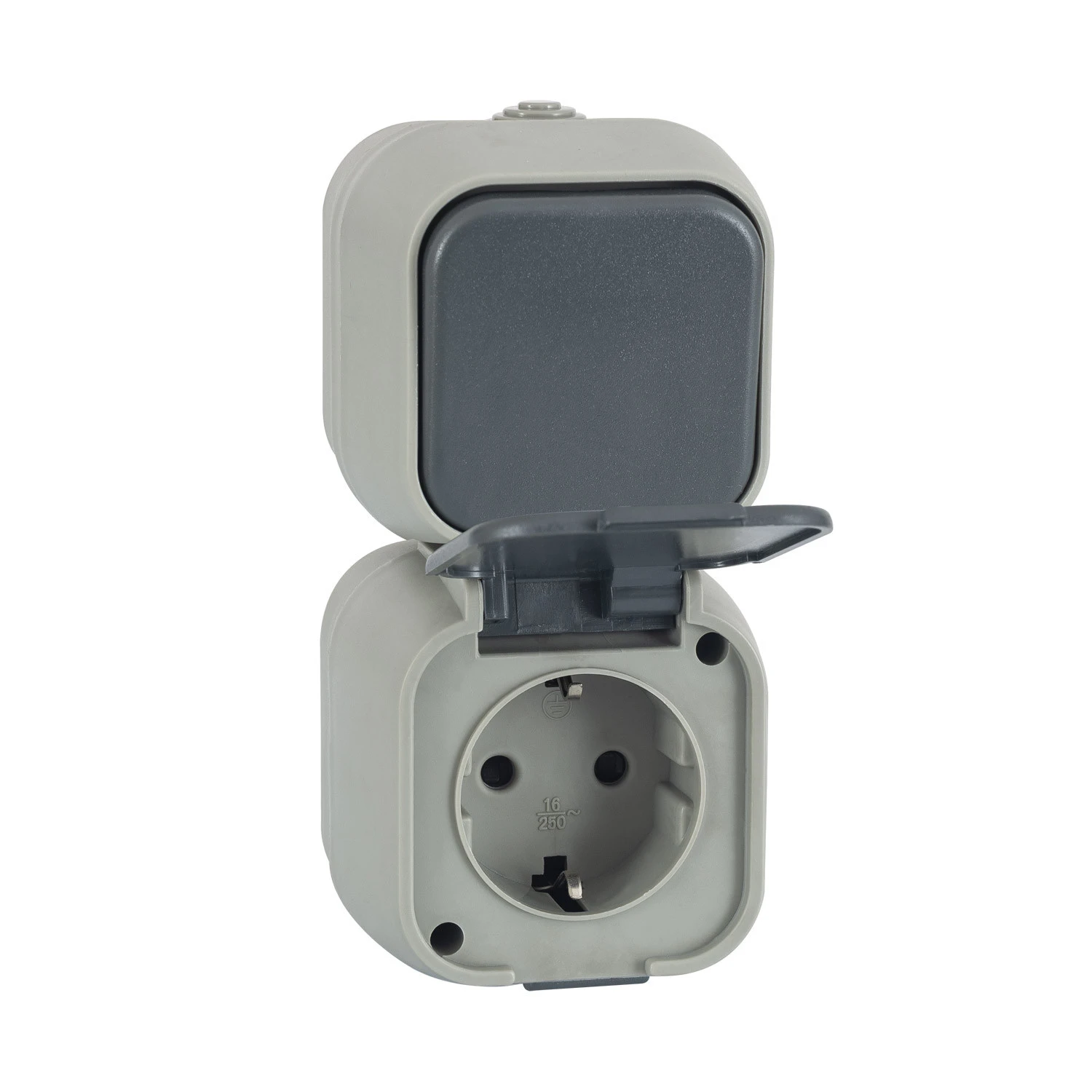 Ledkia Interruptor Simple Conmutado y Enchufe tipo F Schuko IP54         Gris