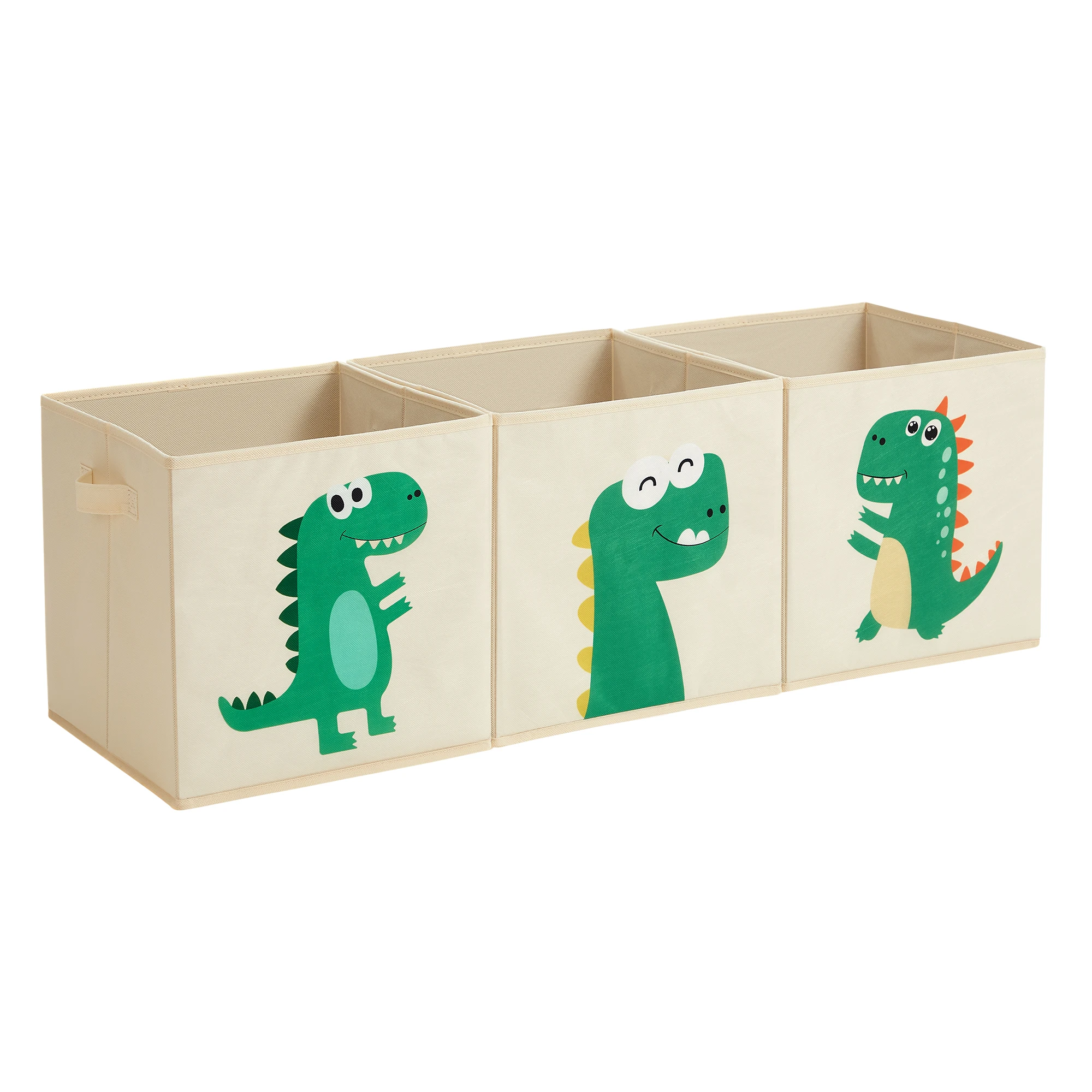 SONGMICS 3 Cajas de Almacenamiento de Niños, Juego de Organizadores de Juguetes 30 x 30 x 30 cm, Cubos Plegables con Asas, para Dormitorio, Sala de Juegos, Patrones de Dinosaurios, Beige