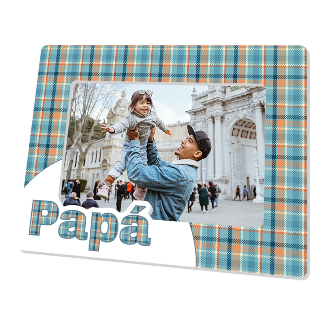 Marco de Fotos Horizontal 10x15 cm - Diseño Exclusivo 'Papá' con Patrón de Cuadros Azul y Naranja - Modelo KP451 de Demark