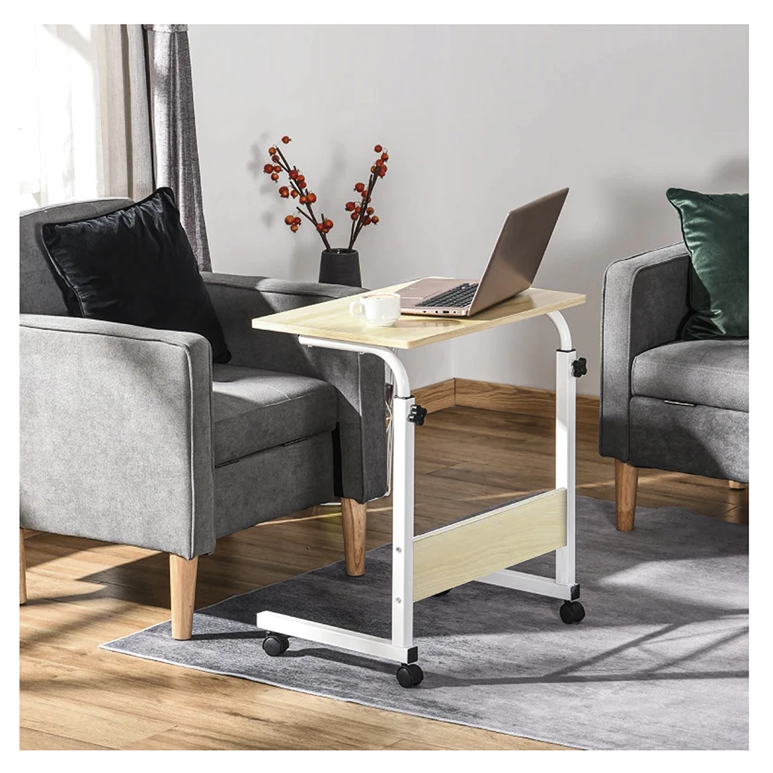 Accommodates textile-desk table with wheels to work and study. Multipurpose adjustable side table for bedroom, living room and kitchen 40x60x65-89 cm.
