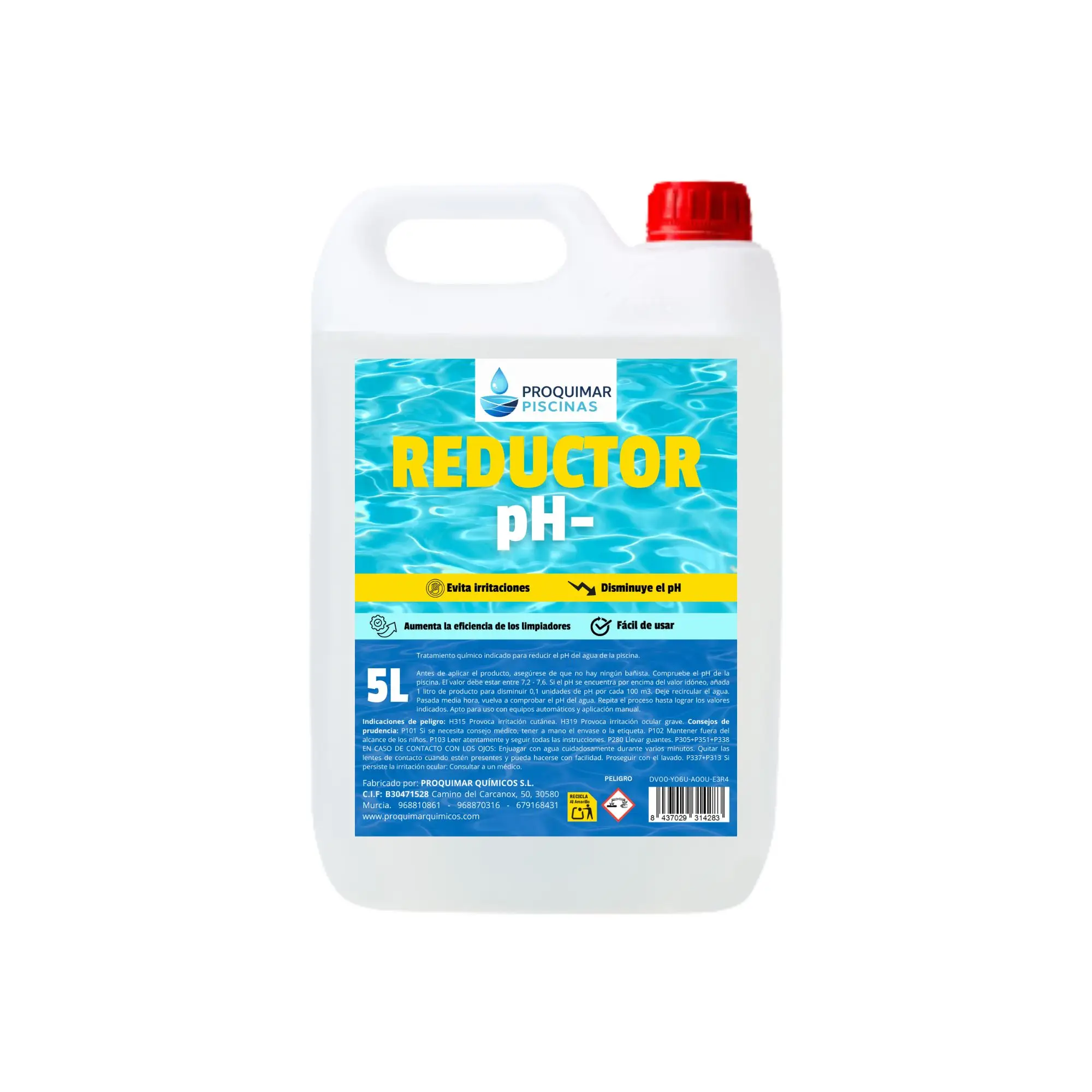 REDUCTOR DEL PH. Formato líquido. Apto para uso en piscinas. Garrafa de 5 litros
