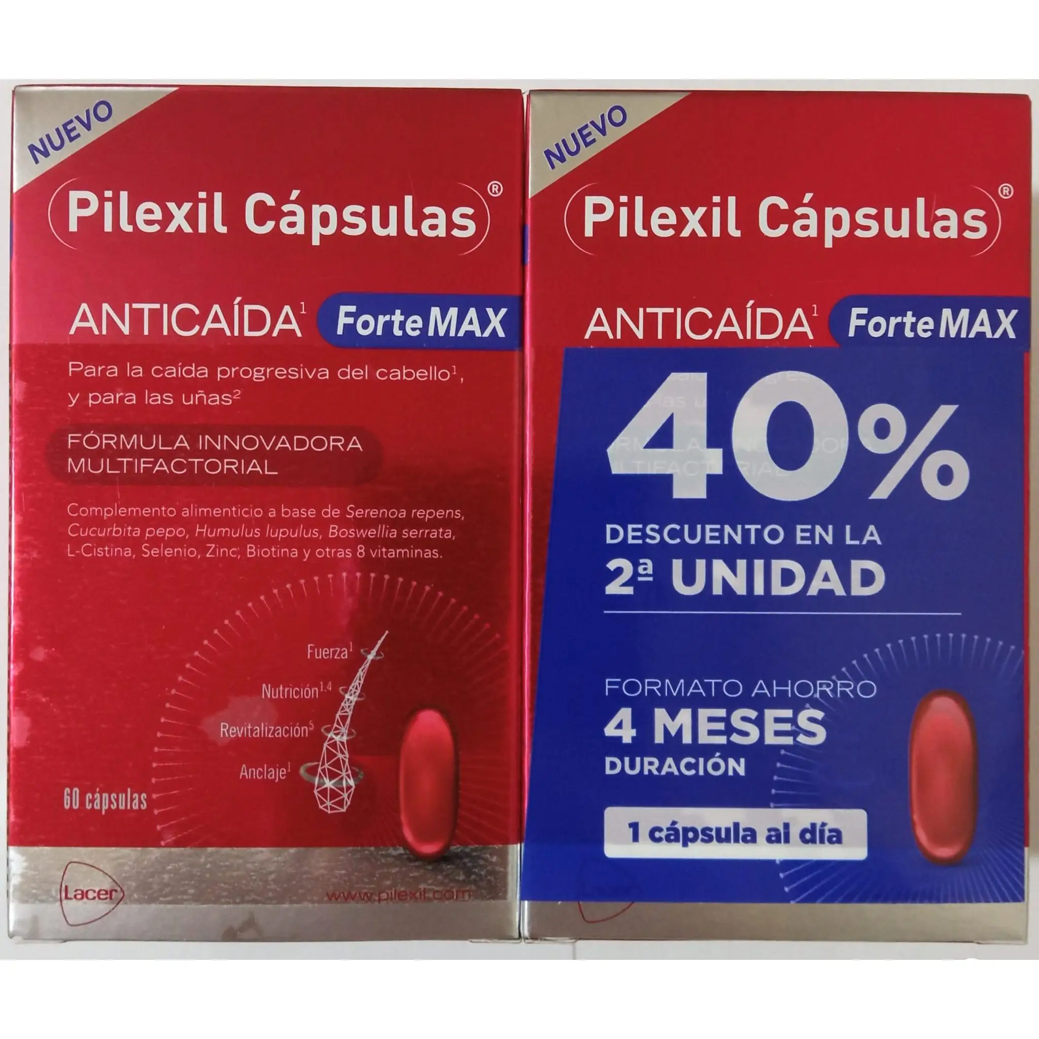 Lacer Pilexil Cápsulas Anticaida Forte Max duplo 2X60 cápsulas. para la caida progresiva del cabello y para las uñas