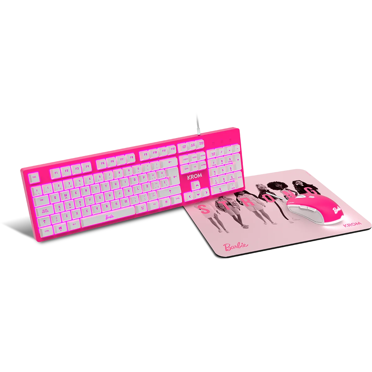 KROM Kit teclado, ratón y alfombrilla edición Barbie KANDY - Teclado membrana, Ratón 6400 DPI, Alfombrilla de goma, rosa