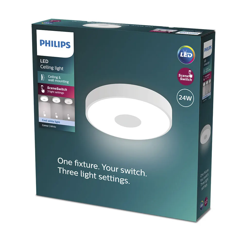 Philips Coiner - Plafón con SceneSwitch, redondo, 24W, 2800Lm, 4000K, blanco, IP20