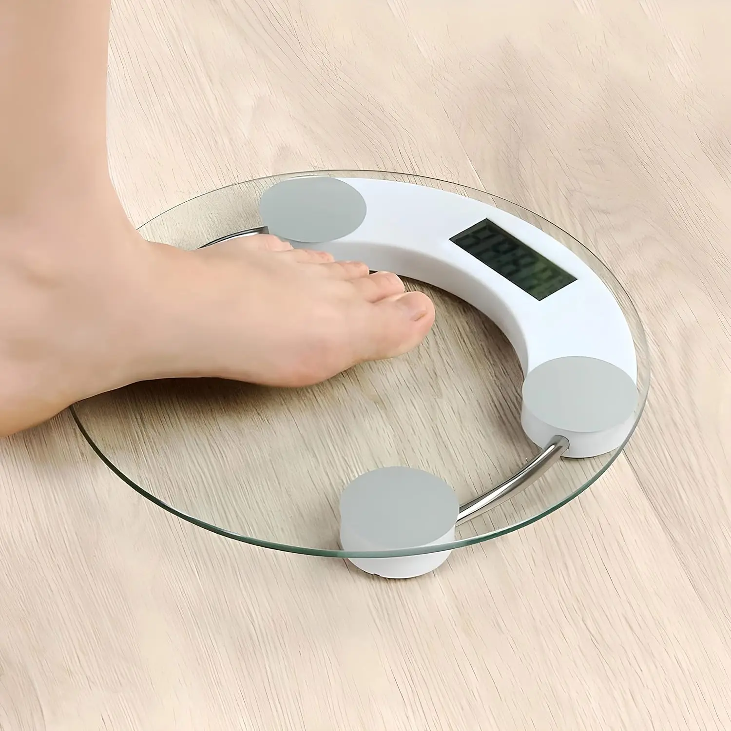 Kusat Digital Personal Scale, Smart Scale with Step-On technology, electronic Scale up to 180 kg and precision 100g, bathroom Scale, LCD screen, tempered glass, round, transparent