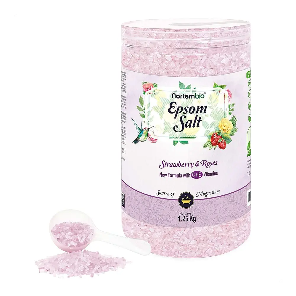 NORTEMBIO Sales de Epsom 100% Fragancia Fresa y Rosas 1.25Kg | Fuente concentrada de magnesio | Hidratada con Vitamina C y E | E-Book Incluido