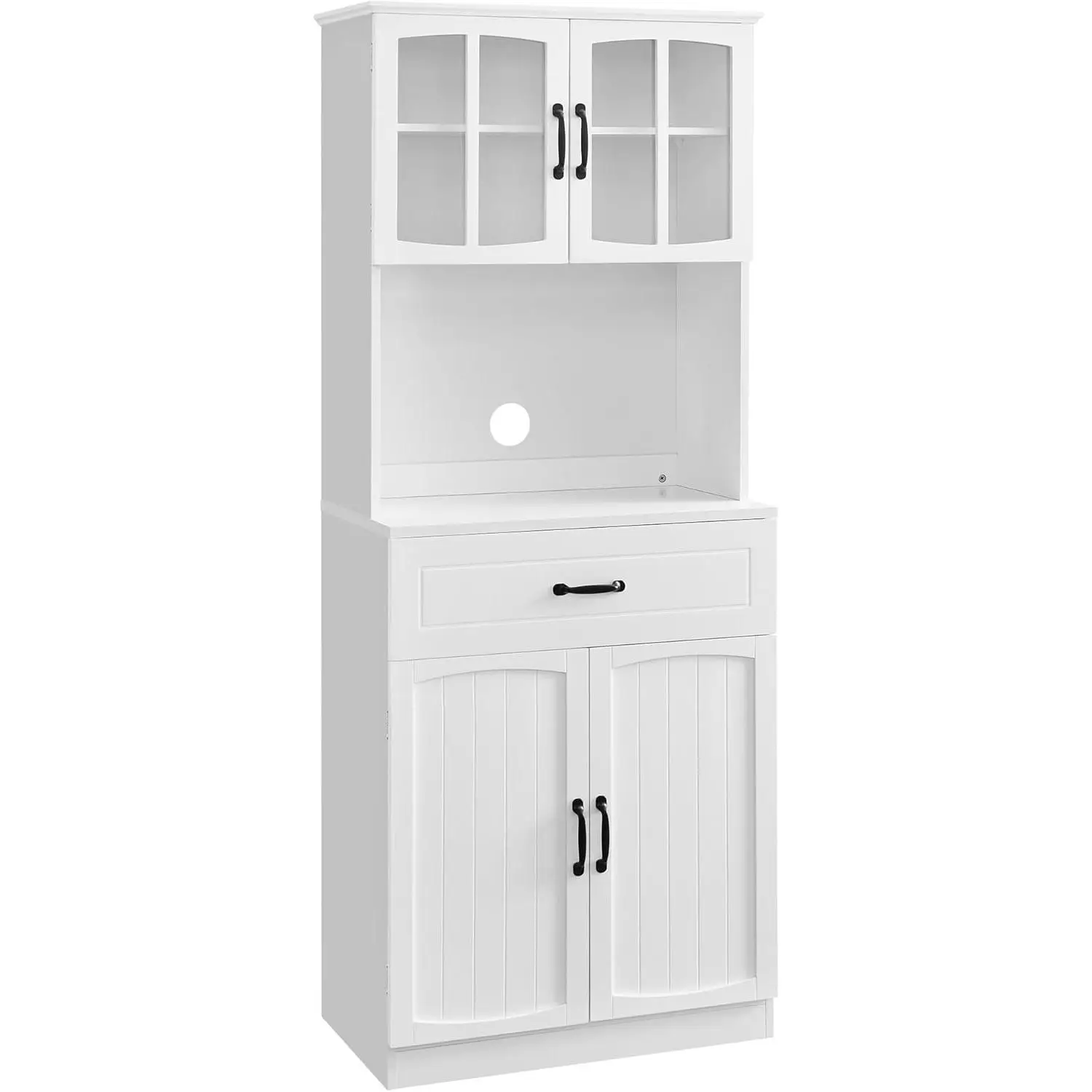 VASAGLE Armadio Alto, Mobile da Cucina con Ante in Vetro e Ripiani Regolabili, Cassetto, Foro Passacavi, per Microonde, Stile Moderno, Bianco