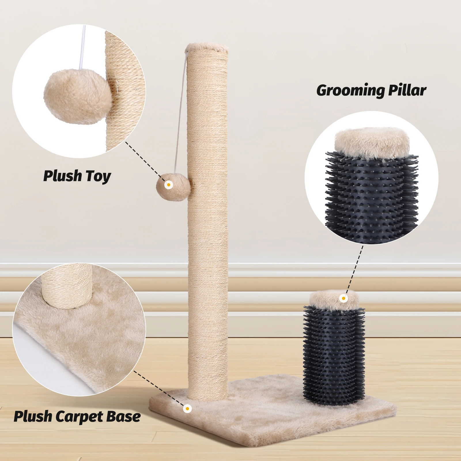 Nobleza - cat scratching post, natural sisal rope with toy balls and silicone comb for cats, 60x30x30cm (beige color) #3