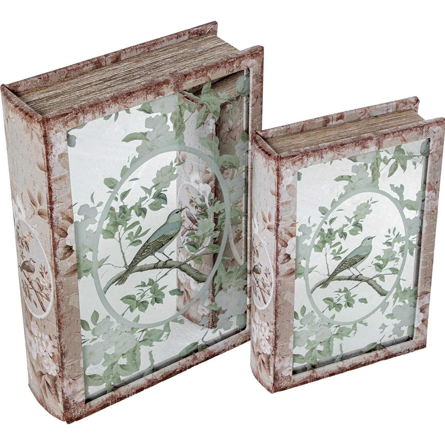 Set 2 cajas libro madera dm con espejo, interior terciopelo 30x20x7 y 24x16x5cm