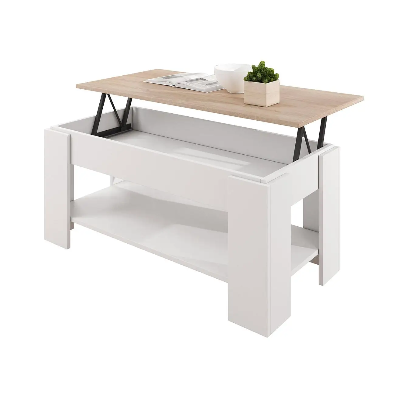 MB Muebles Bonitos - Mesa de centro elevable, 100x50x43,5cm, Blanco y Sonoma, Modelo Nicoleta