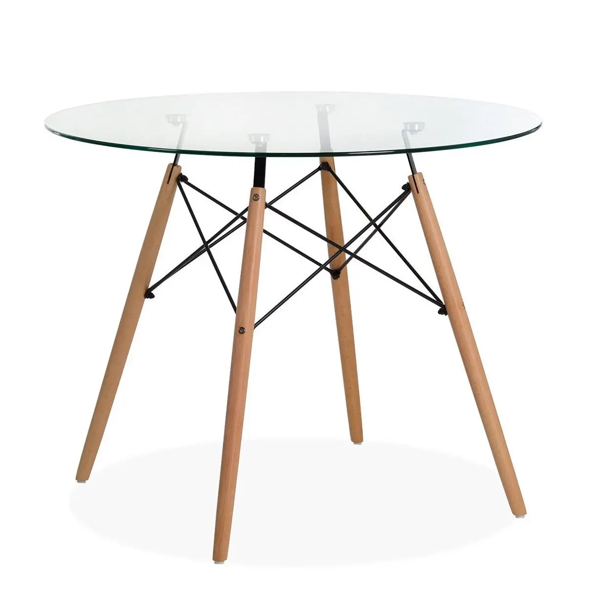 Mesa Elegante y Sofisticada con Tapa de Cristal y Patas de Madera. 80 cm. de diámetro.