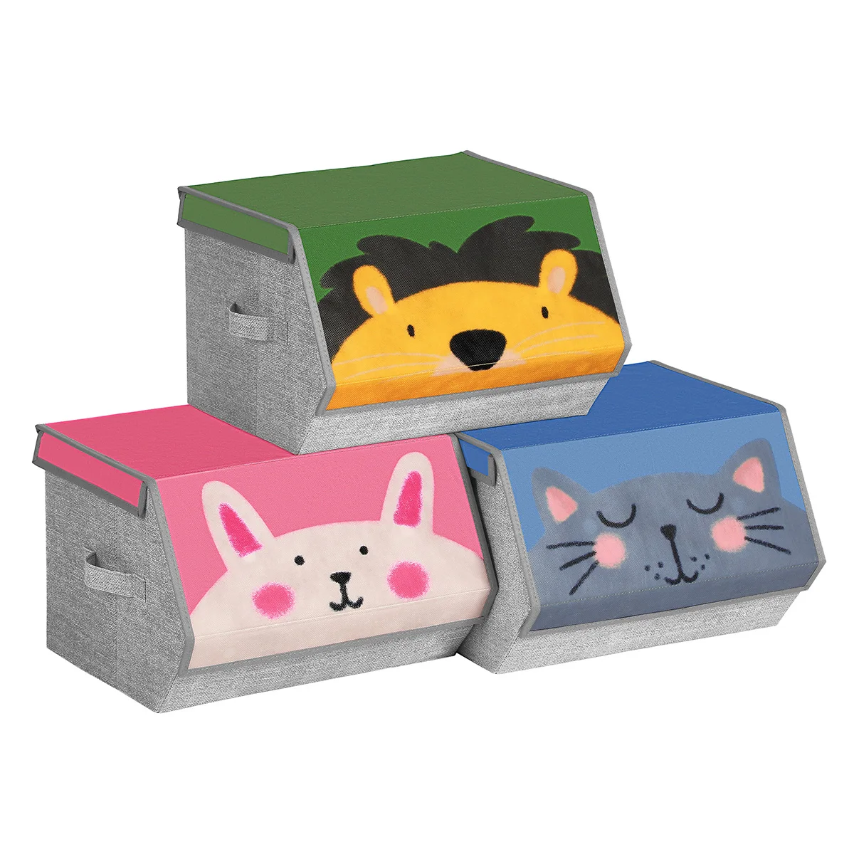 SONGMICS Caja Almacenaje Tela Infantil, Caja Organizadora Plegable, Juego de 3, Apilables con Asas, Tapa Magnética, para Habitación de Niños, Conejo Gato León, Rosa, Azul, Verde y Gris