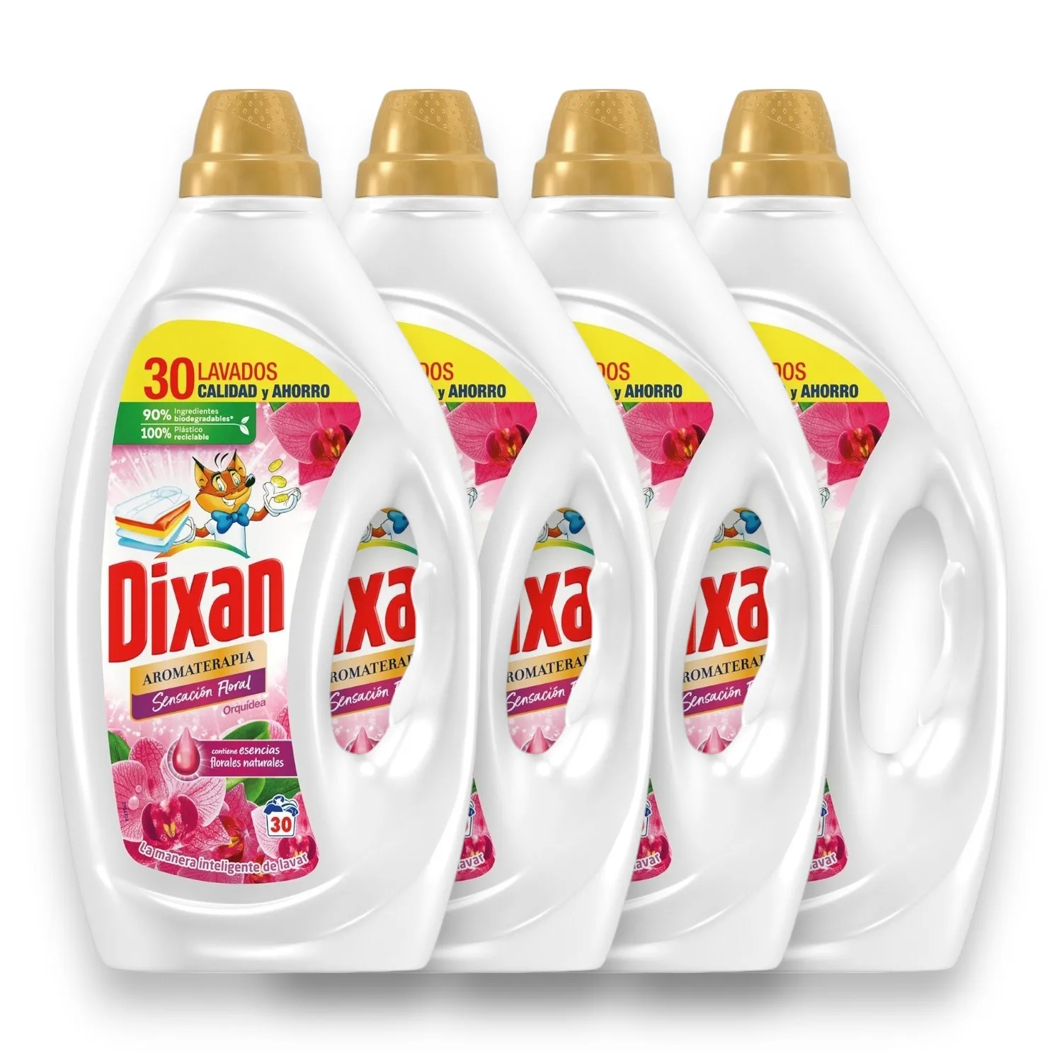 Pack 4 liquid detergents Dixan aromatherapy-Floral Aroma for a feeling of freshness-Orchid & Macadamia oil-30 washes-quality and saving in the smart way to wash.