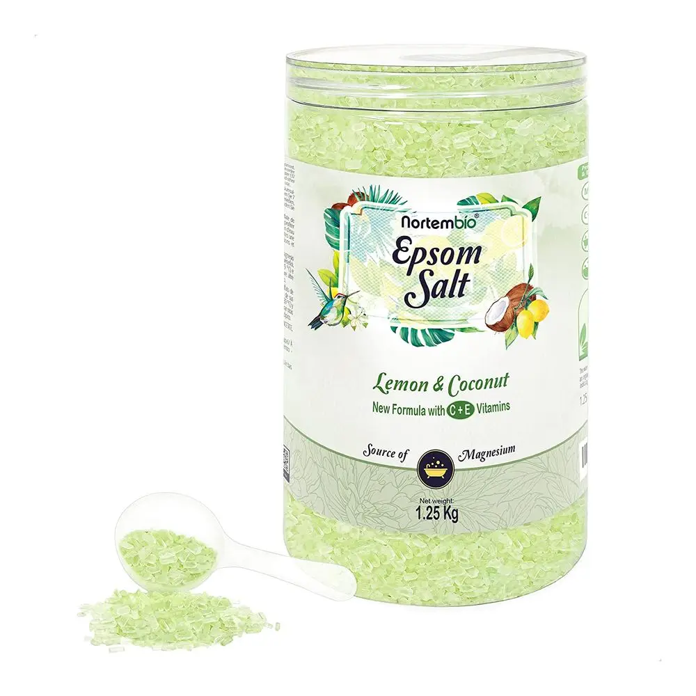 NORTEMBIO Sales de Epsom 100% Fragancia Limón y Coco 1.25Kg | Fuente concentrada de magnesio | Hidratada con Vitamina C y E | E-Book Incluido
