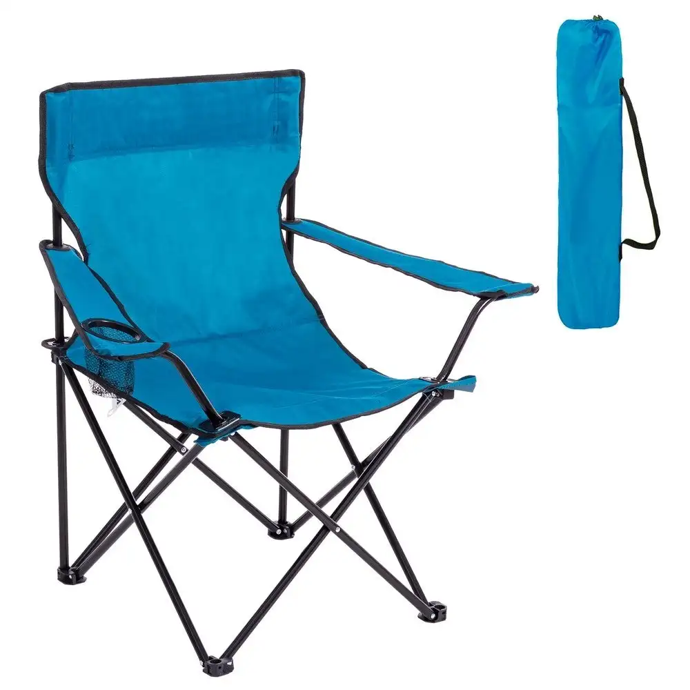 Silla playa camping pesca y caza plegable cierre tijera estructura acero con pintura Epoxi anticorrosión y lona poliéster Oxford 600 D azul, portavasos y bolsa de transporte