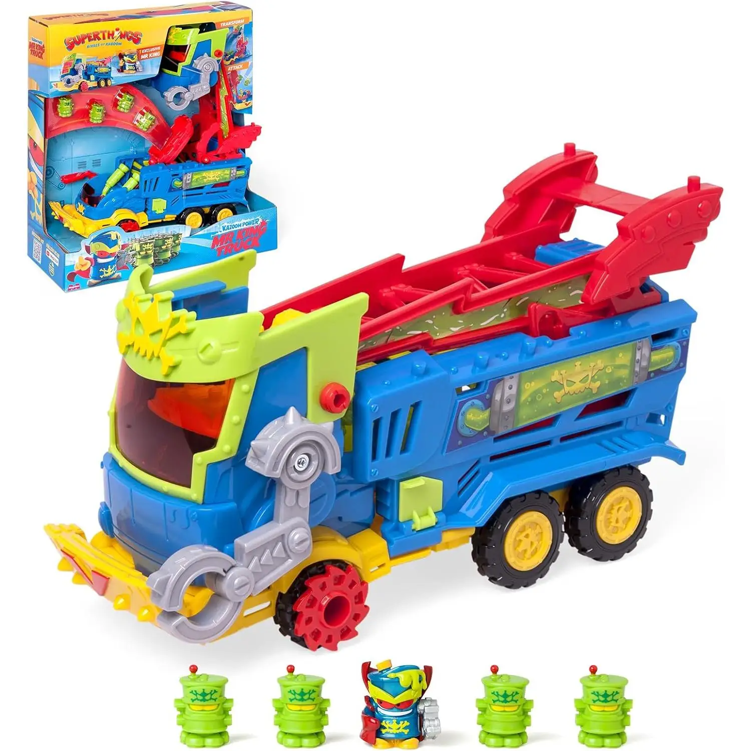 Superthings Kazoom Power - Mr. King Truck. Kazoom Power Clan TV series Mr King truck. Contains 1 Mr King Truck, 1 Mr King exclusive, 4 Robotoxics, 1 trigger and 3 projectiles