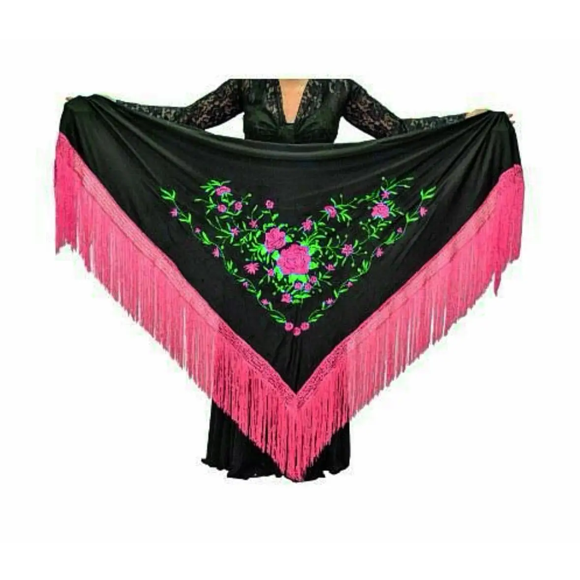 ANUKA Manton de Manila Grande Triangular para Flamenco o Sevillanas con Flores Bordadas