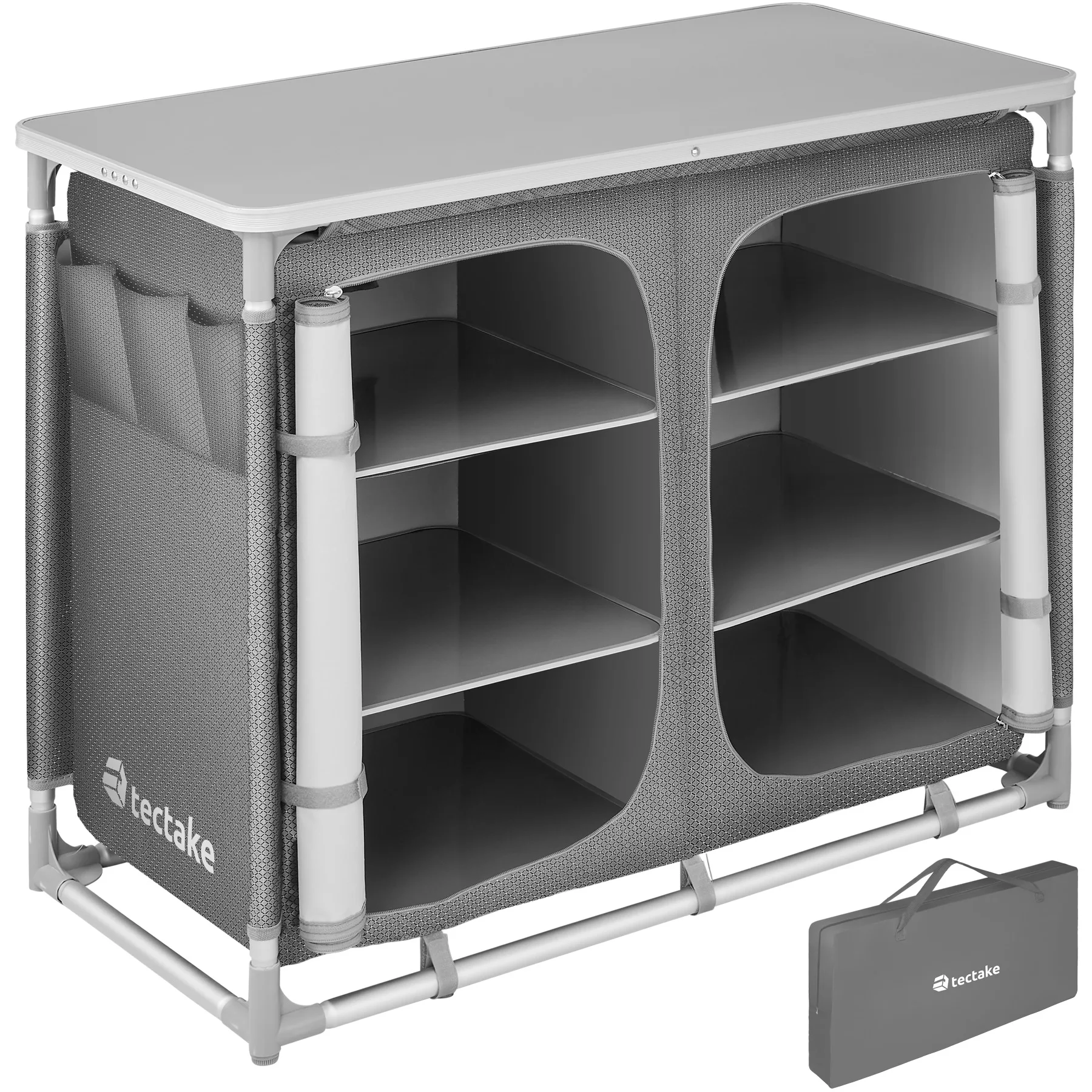 Tectake - Cocina de camping 97 x 47,5 x 78 cm | Bolsillo lateral con tres compartimentos | Compartimentos con cierre de cremallera y placas interiores reforzadas con aluminio | Patas ajustables en altura