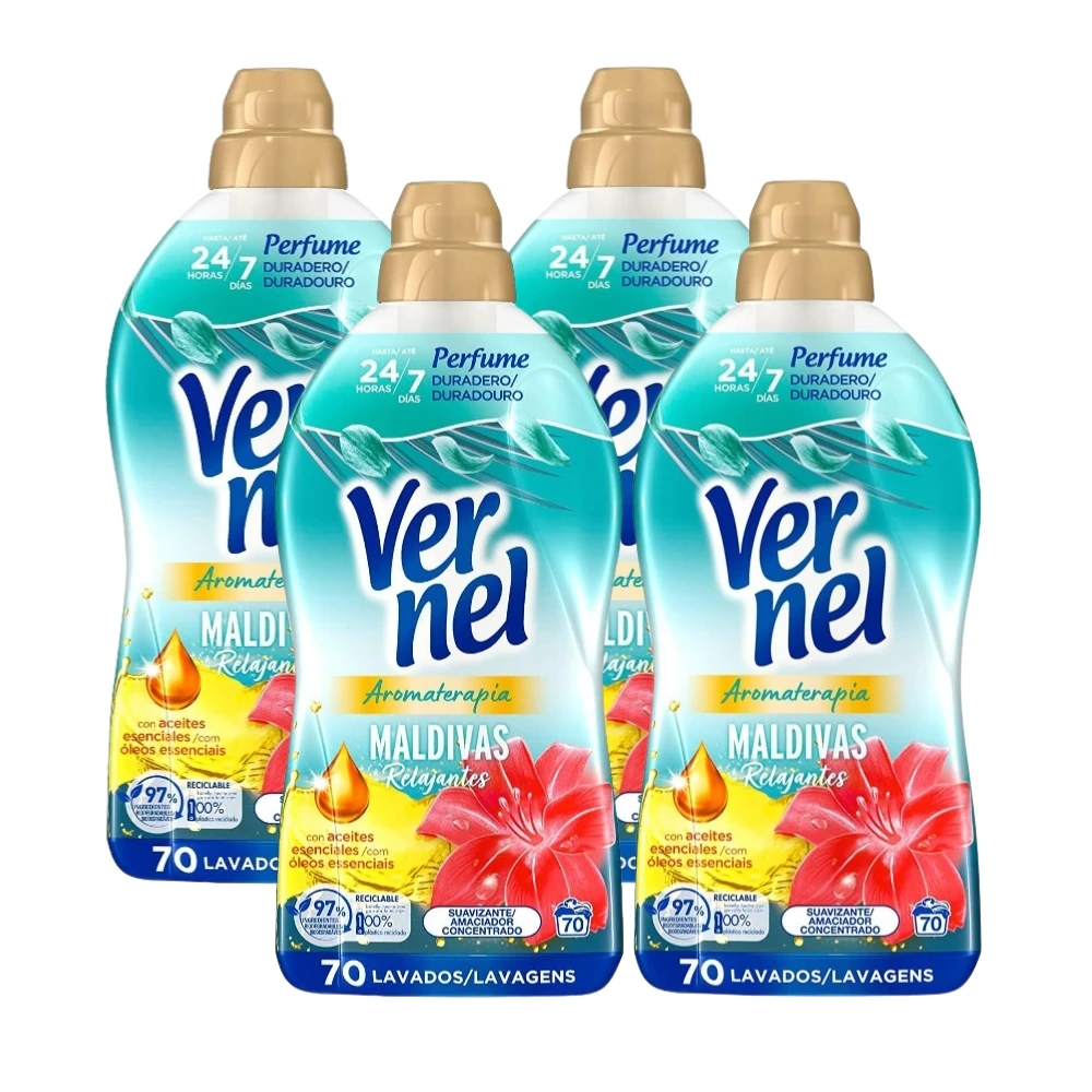 Vernel Relaxing Maldivians Soothing Concentrate Clothes Softener 70 Washes Pack 4x70 = 280 Dose Washing Machine Liquid Softener Duo-Caps Formula 200 Days Lasting Perfume Soft Clothes protects fibers and facilitates ironing