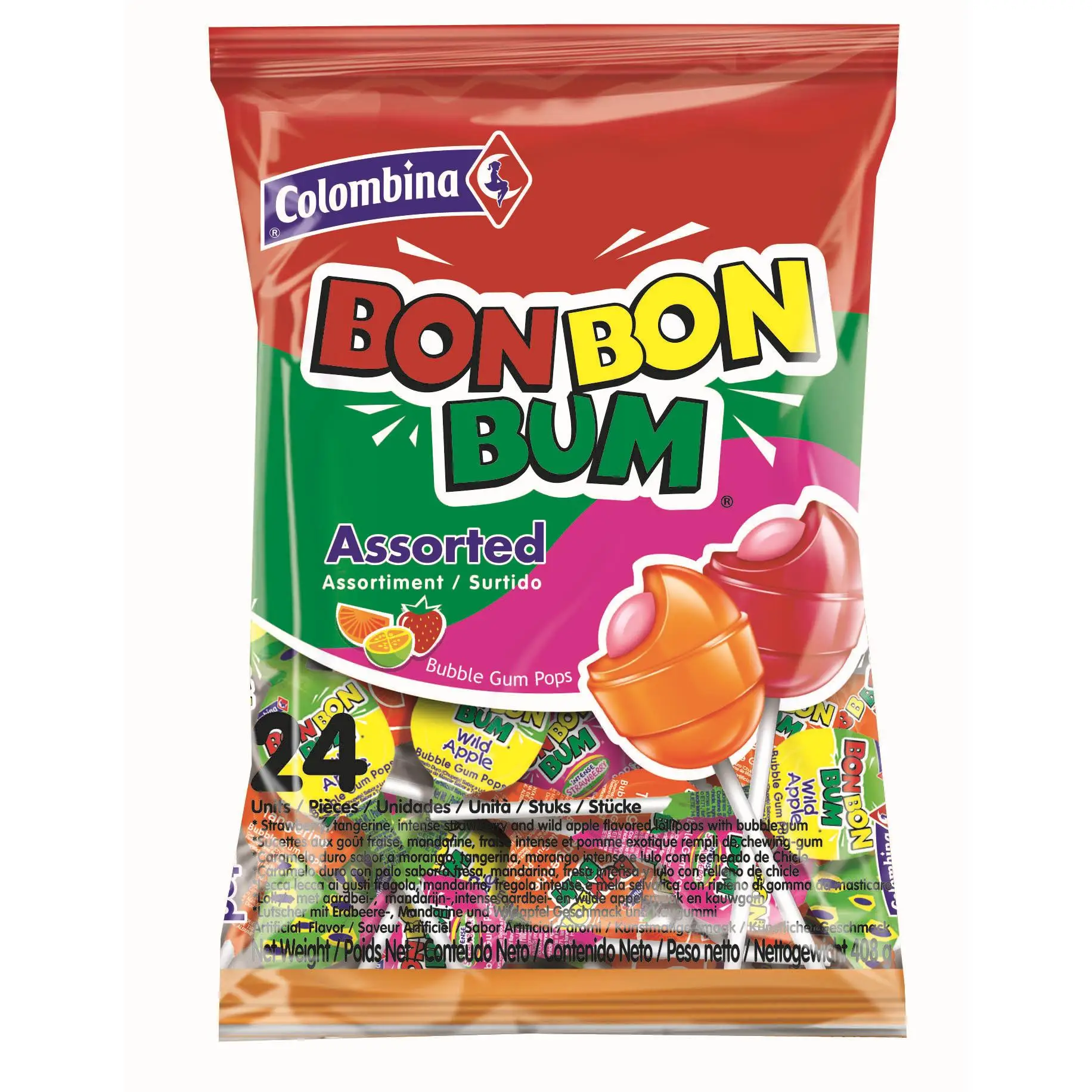 BON BON BUM SURTIDO - BOLSA de 24 BON BON BUM COLOMBINA. Sabores: Fresa - Lulo - Naranja - Fresa Intensa