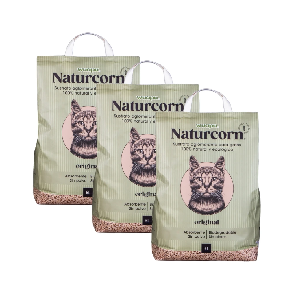 WUAPU - Arena (18 Litros) para Gatos Naturcorn (3 Bolsas de 6 Litros)