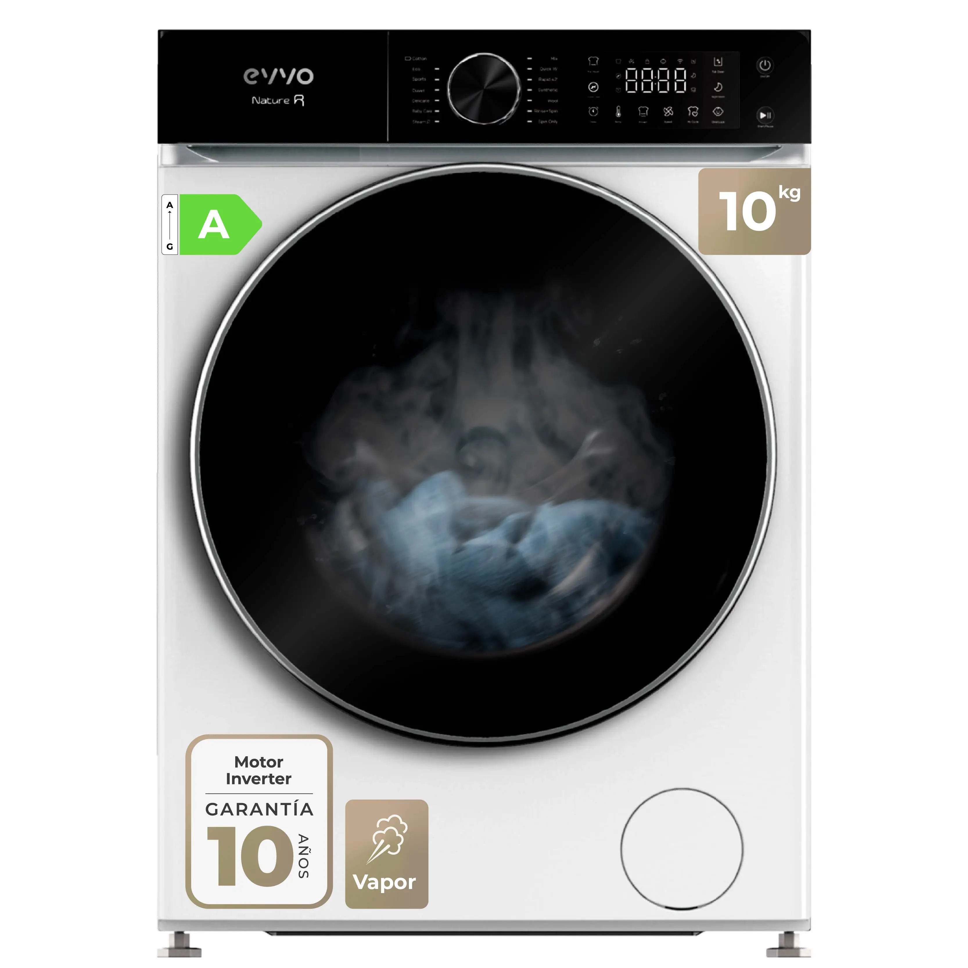 Evvo Blanca Lavadora Nature R10 10 Kg, 1400 Rpm, Función Vapor Super Spa, Motor Inverter, Clase A - Imagen 3