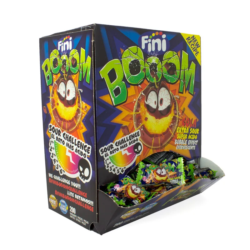 Fini BOOOM Caramelos Super Ácidos con Sabor a Cola, 200 Unidades Envueltas Individualmente, Sin Gluten, Ideal para Amantes de Dulces Picantes y Ácidos