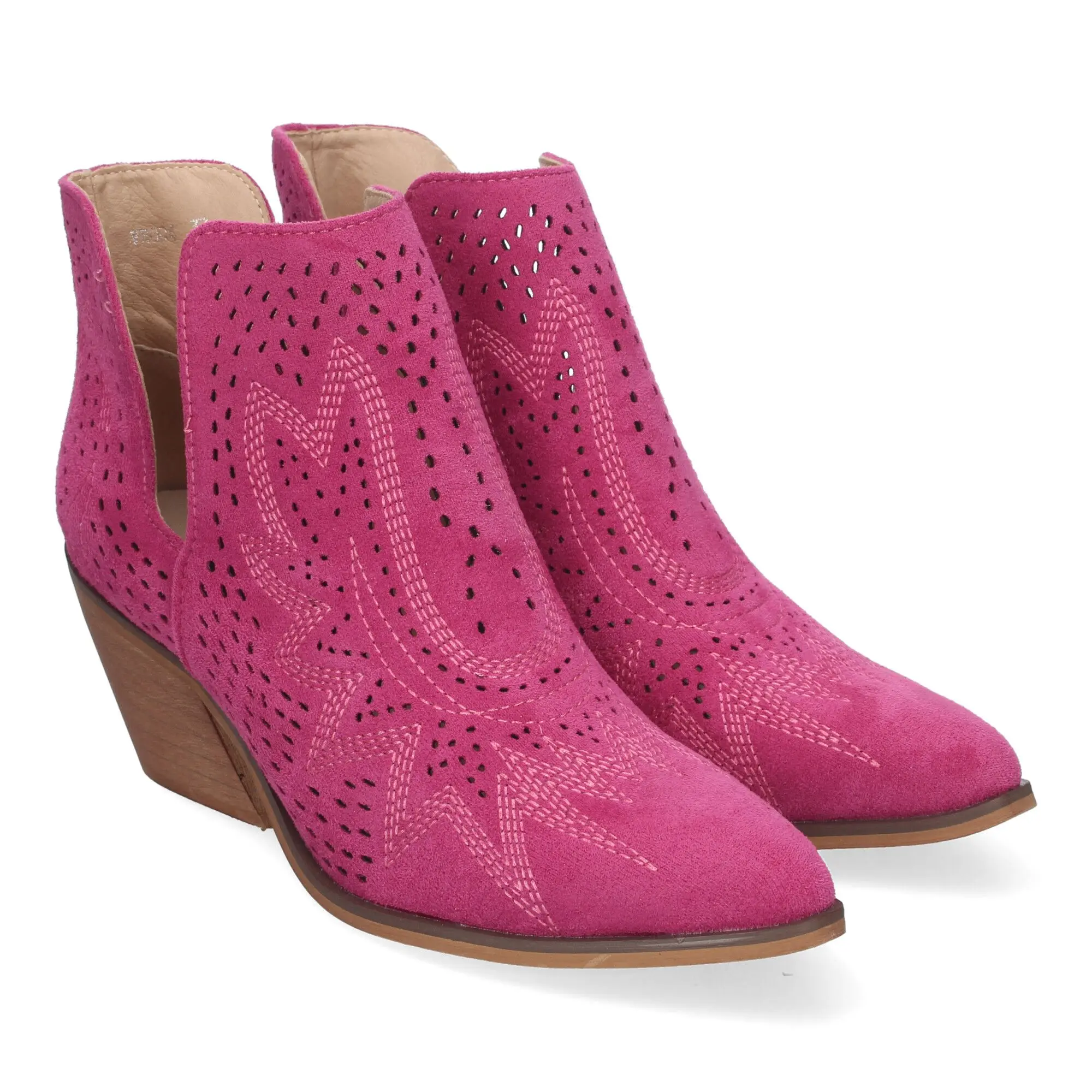 PuntoSalao Botines de tacón bajo calados cómodos color fucsia para mujer VR004