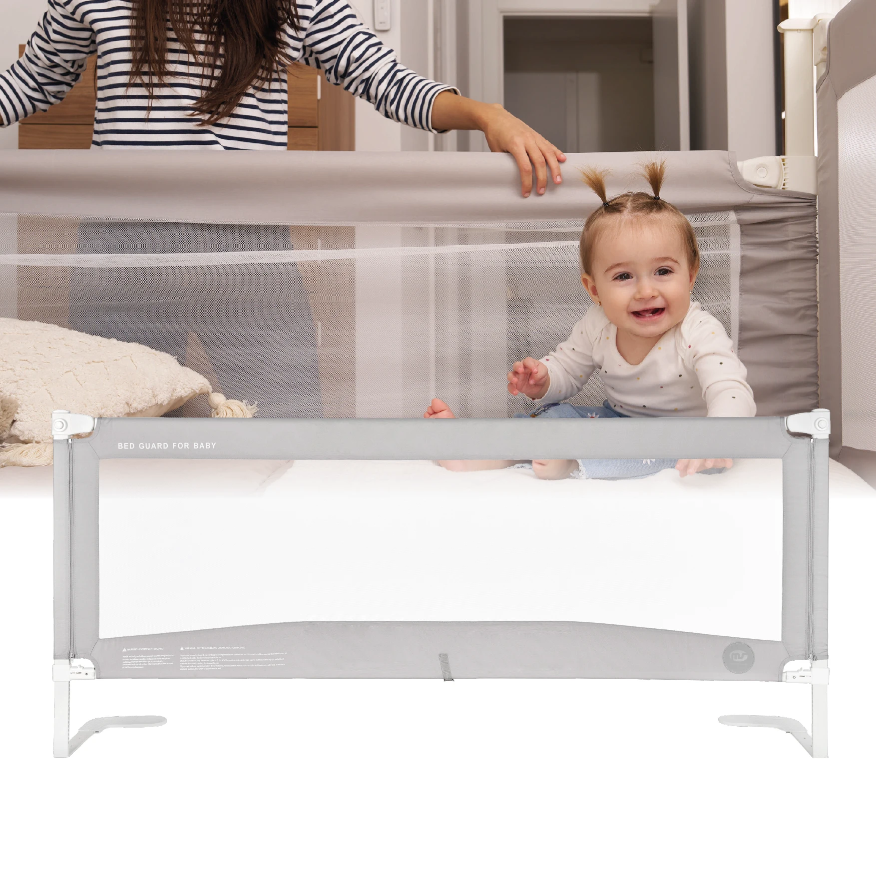 MS - Barrera de Seguridad Bebe Tall 190cm - 150 cm y 90 Cm + Enganches - Muy Alta y Resistente Con Mecanismo de Bajada- Gris