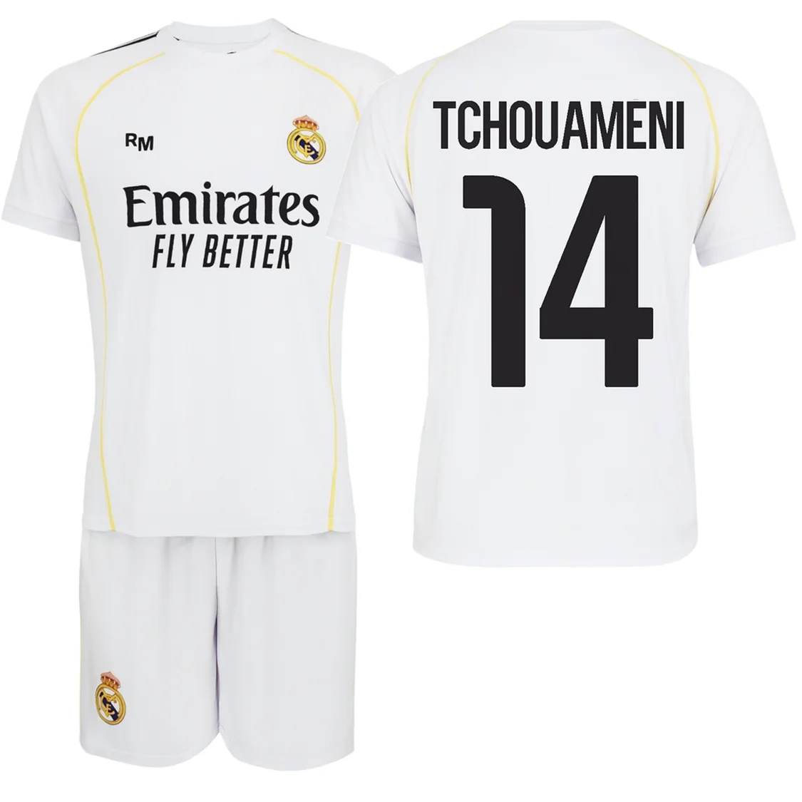 Real Madrid conjunto camiseta y pantalon- Réplica oficial con licencia- TCHOUAMENI Nº14- infantil