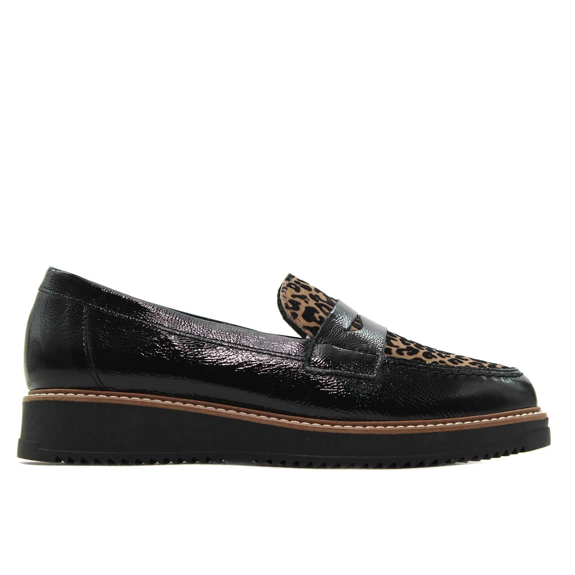 PITILLOS 10762 Zapato mocasín de piel,adornado con antifaz,sin cordones,suela de goma,leopardo,de cuña,brillo, para señora