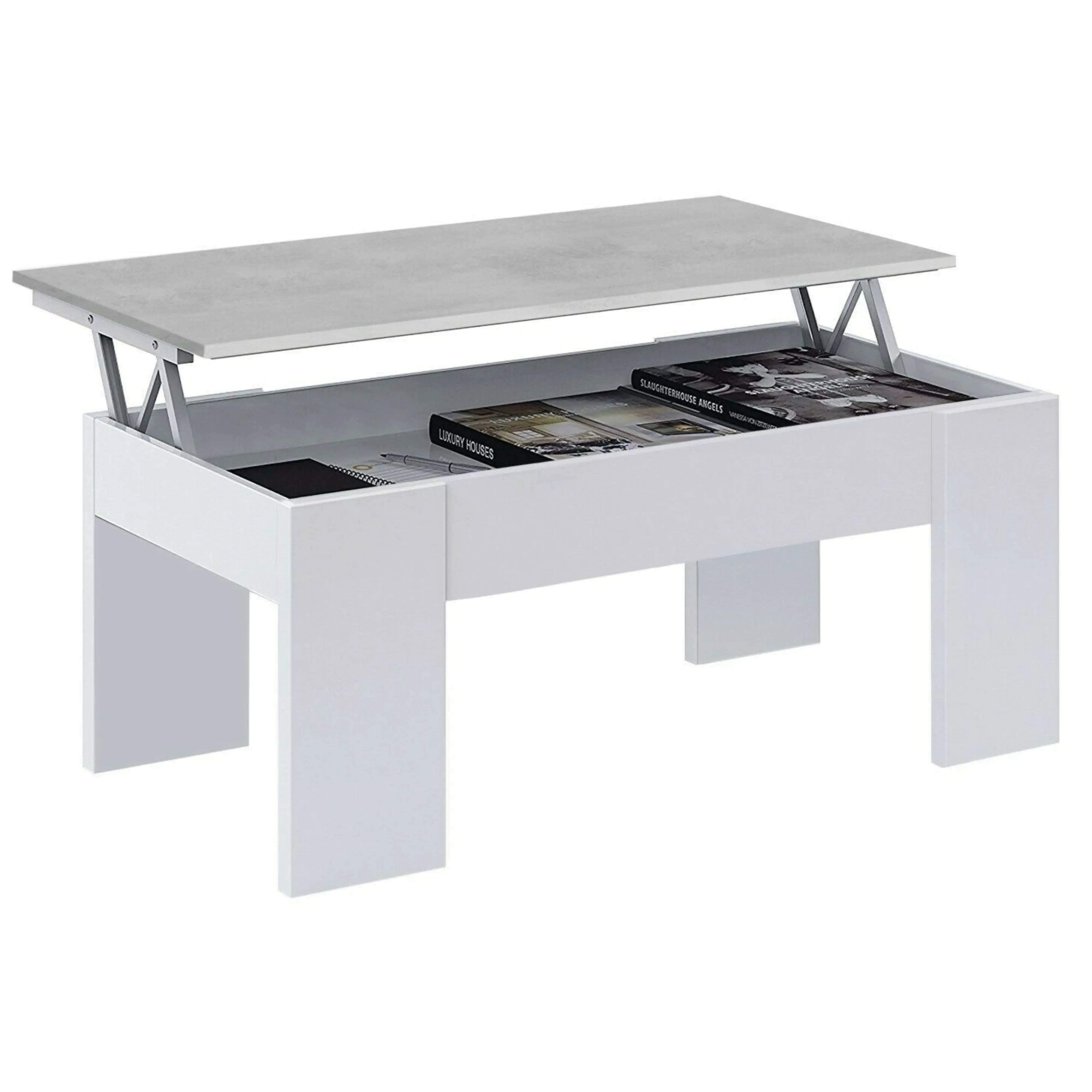 Miroytengo Mesa de centro para Comedor elevable en color blanco artik y cemento con patas en Melamina 100x50x45 cm