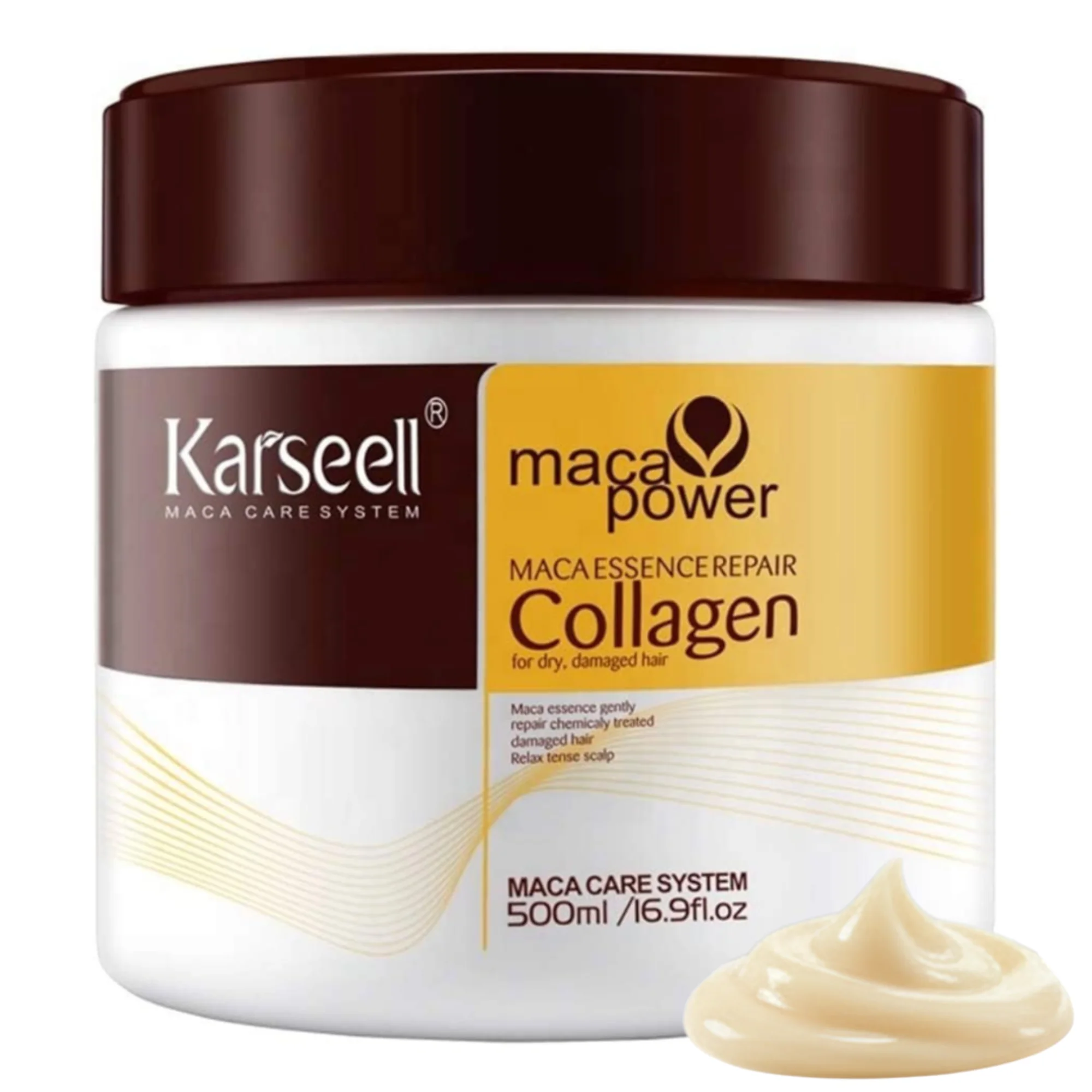 KARSEELL Mascarilla Pelo Máscara Capilar Reparación Profunda Cabello Seco y Dañado Colágeno Aceite de Argán Antifrizz Acondicionador Esencia de Maca y Ácido Hialurónico Alisado Hidratación Intensa Todo Tipo de Cabello - 500 ml.
