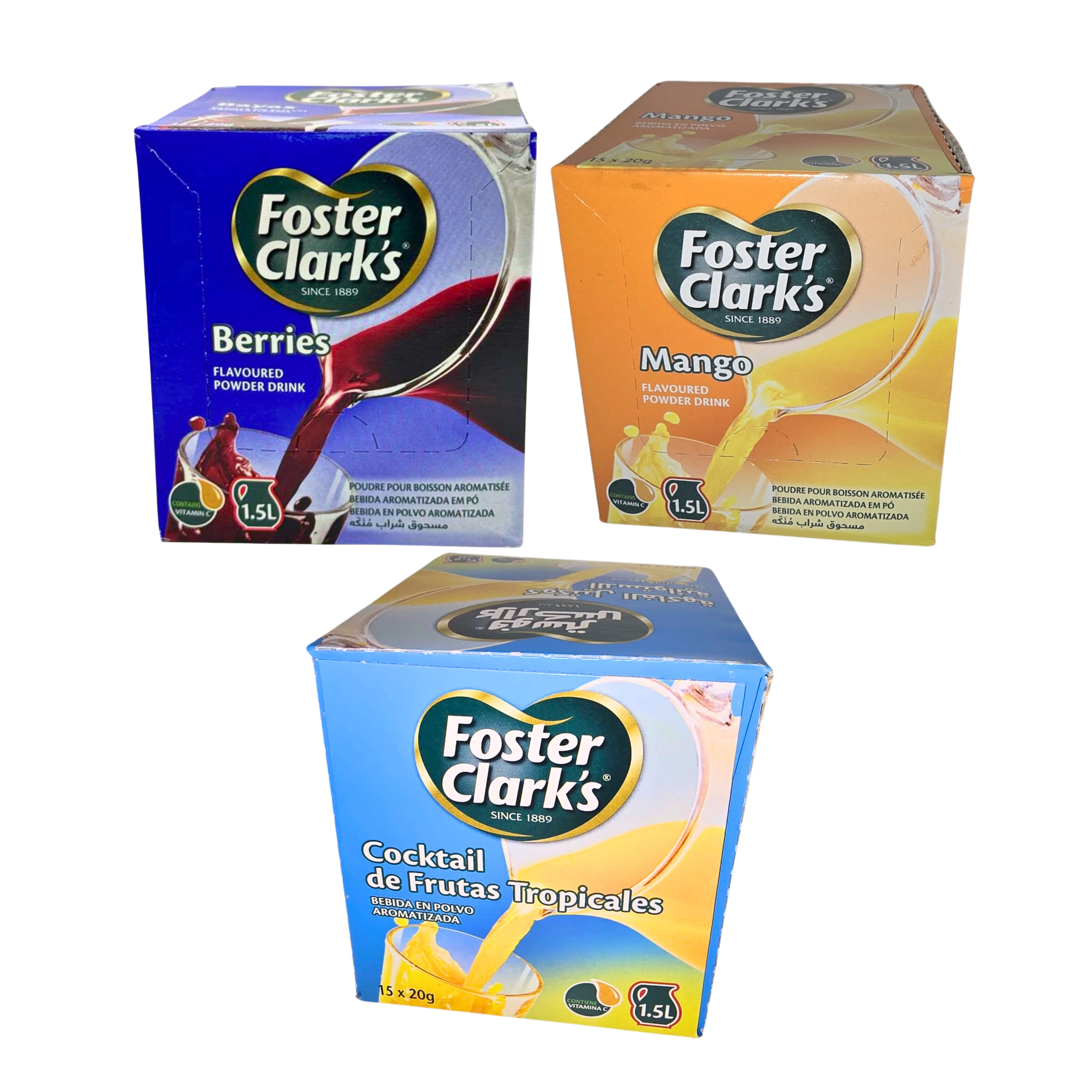 FOSTER CLARKS BERRIES Y MANGO  FALVOURED POWERED DRINK CAJA DE 15 SOBRES DE 1.5L DE