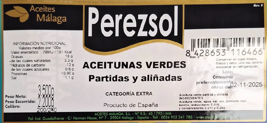 Hojiblanca perezsol split olives (2.2 kg esc) appetizers