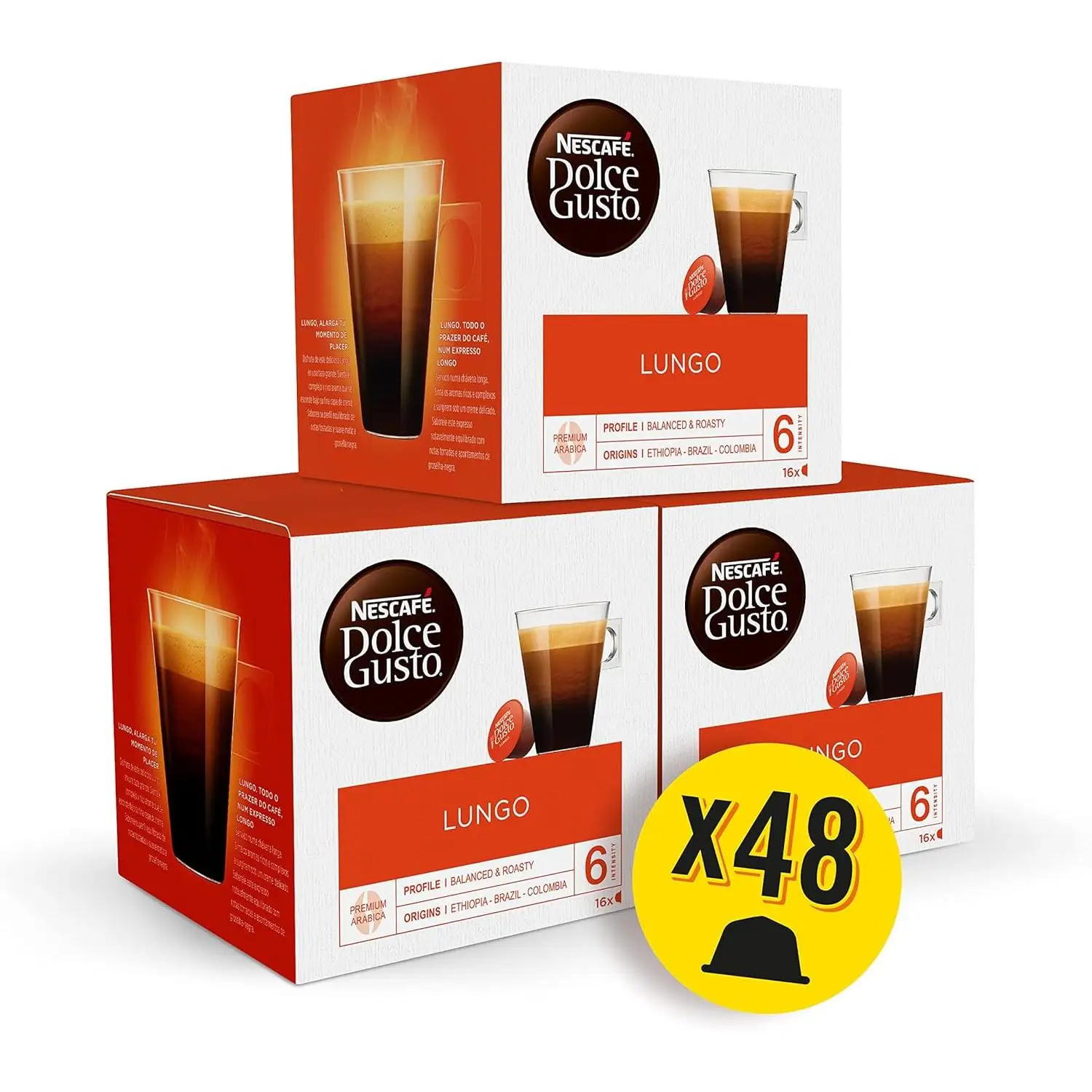 Nescafé Dolce Gusto LUNGO, Pack of 3x16 capsules-Total: 48 capsules of lungo coffee, lengthen your moment of pleasure.