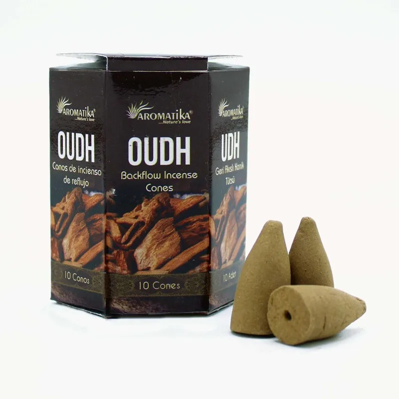 CONOS INCIENSO BLACKFLOW OUDH - FLUJO INVERSO - MASALA AROMATIKA - HECHO EN INDIA - Caja de 10 conitos