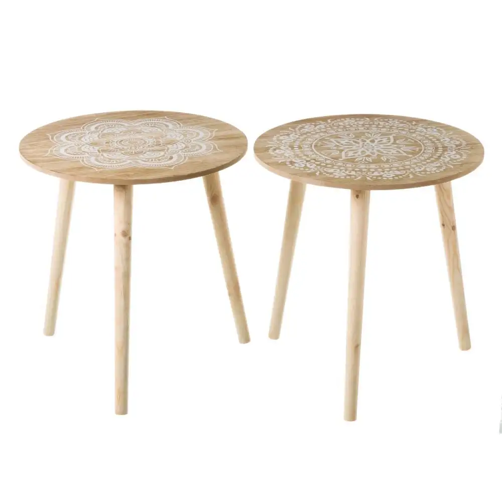 Lola Home Set de 2 mesas auxiliares con mandala de madera blanco y natural de Ø 40x42 cm