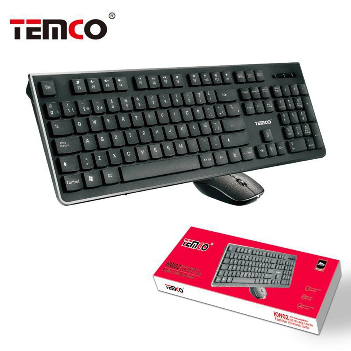 Teclado Kit inalámbrico con Raton TEMCO KW02 con motor óptico Tecnología de 2.hGHz Transmisión de señal hasta 10 metros