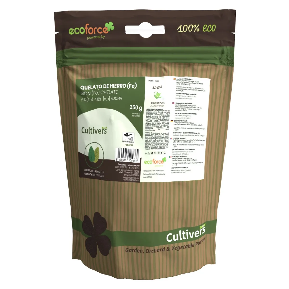 CULTIVERS Quelato de Hierro 250 g. Corrector Ecológico de Hierro para Plantas. Reverdeciente  (6% Fe-EDDHA orto orto 4,8 %)