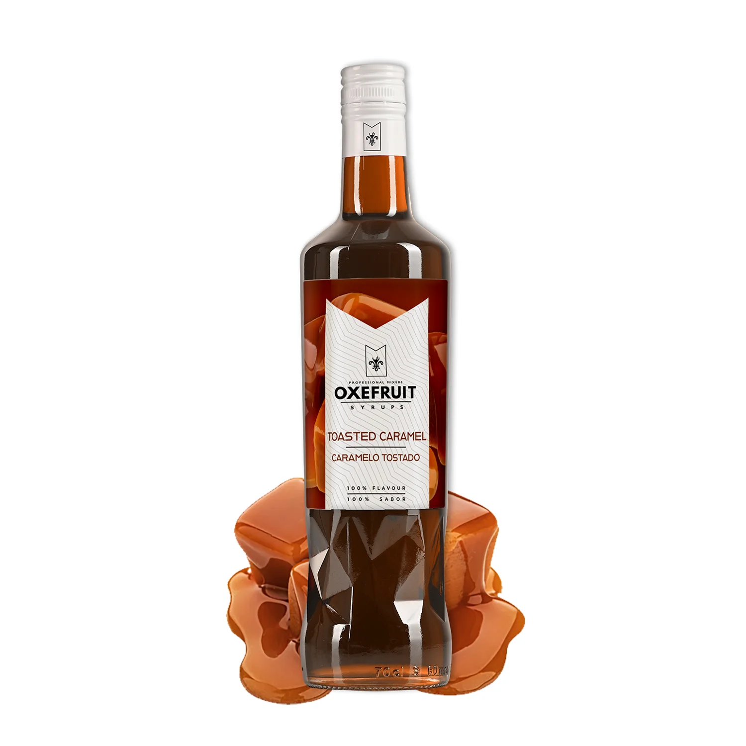 SIROPE DE CARAMELO TOSTADO Oxefruit Professional Mixers. Producido a partir de concentrado de caramelo tostado, con auténtico sabor, creado para la elaboración de cócteles y bebidas no alcohólicas como mocktails, batidos y también para repostería.
