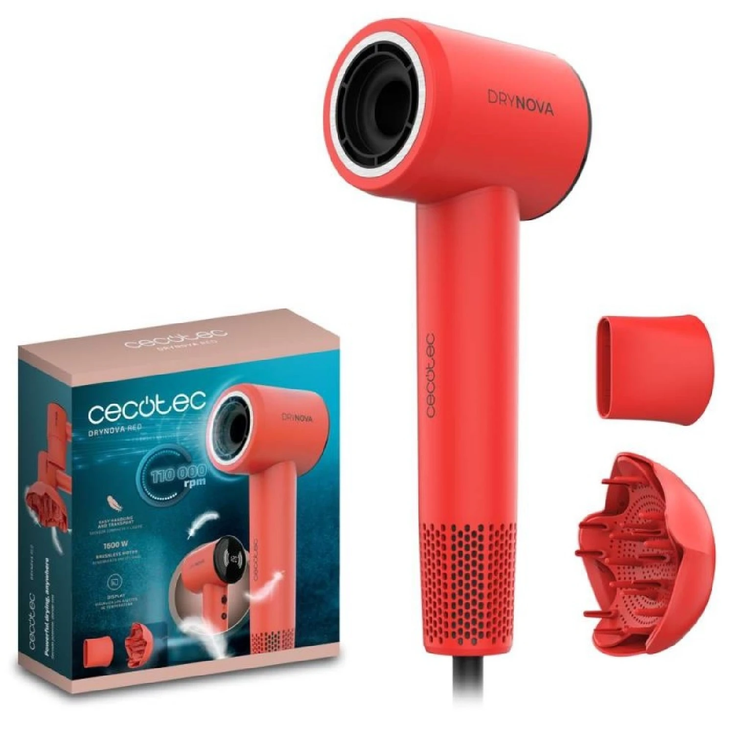 Cecotec Secador de Pelo Compacto y Ligero DryNova Red Spark. 1600W, 110000RPM, Motor Brushless, Difusor y Concentrador