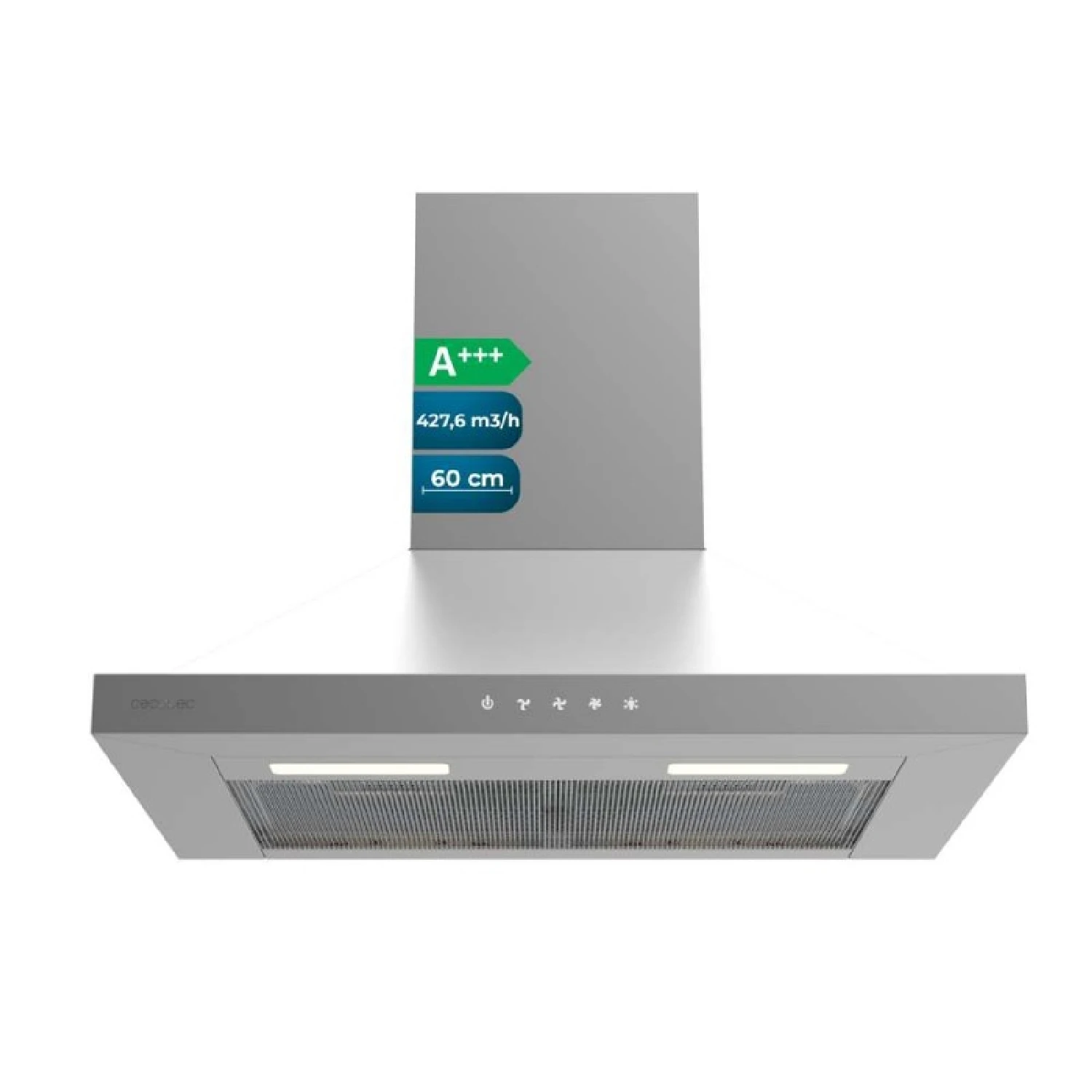 Cecotec Campana Extractora 60cm Piramidal Bolero Flux PT 604000 Inox A+++. Succión 427,6m3/h, 3 Velocidades, SS Touch Control