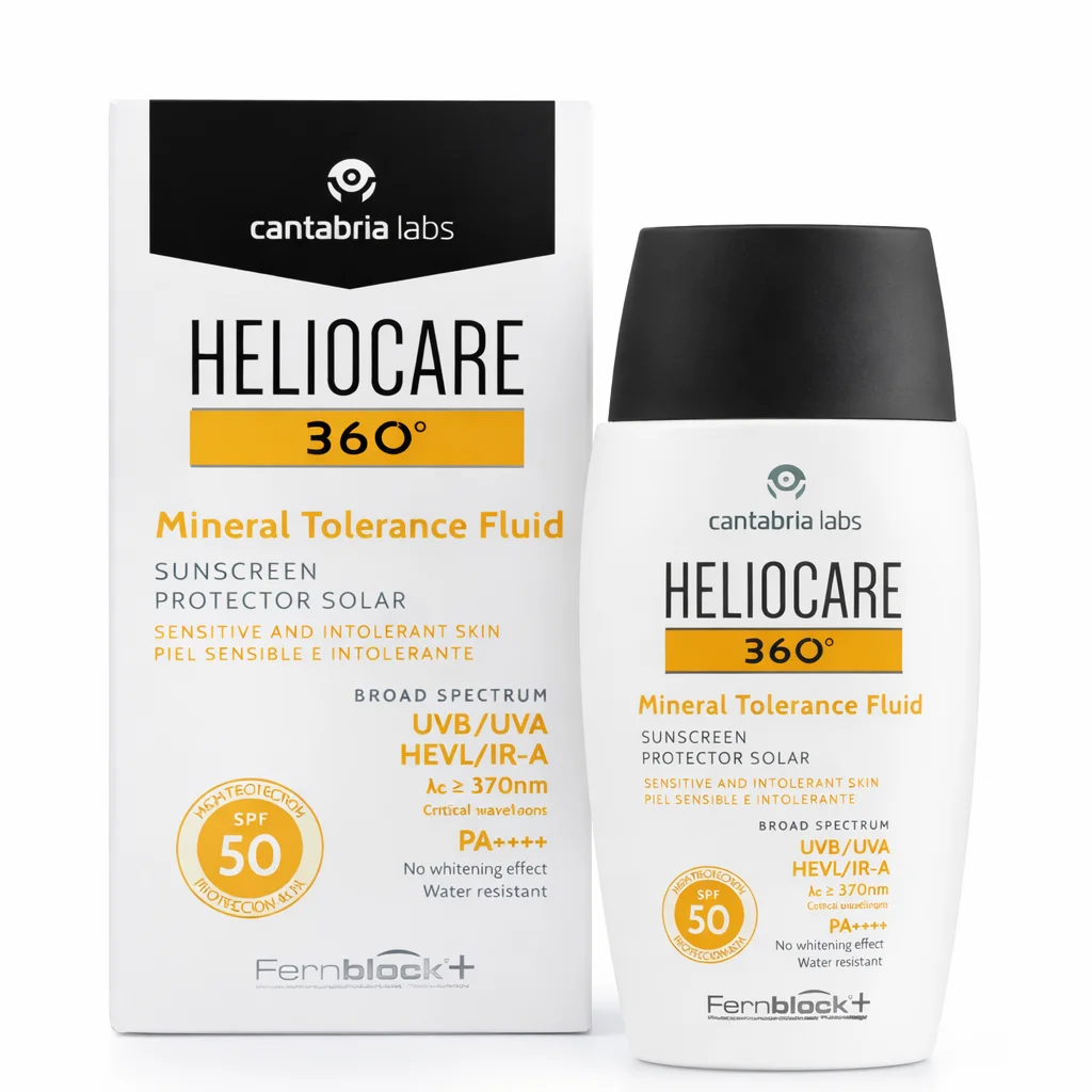 Heliocare 360º Mineral Tolerance Fluid SPF 50 (50 ml) – Protector Solar 100% Mineral para Piel Sensible, Amplio Espectro UVA/UVB, Fórmula sin Efecto Blanqueante