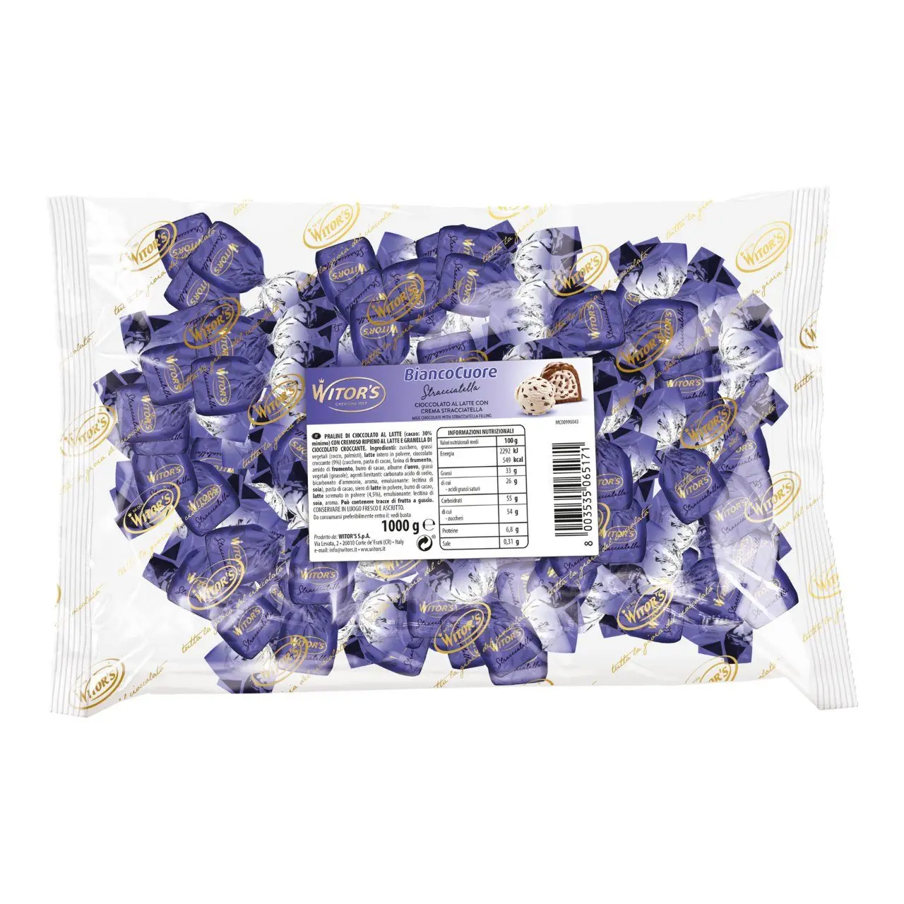 Witor's Bombones Bianco Cuore Stracciatella - Bolsa 1 kg - Chocolate con Leche y Crema