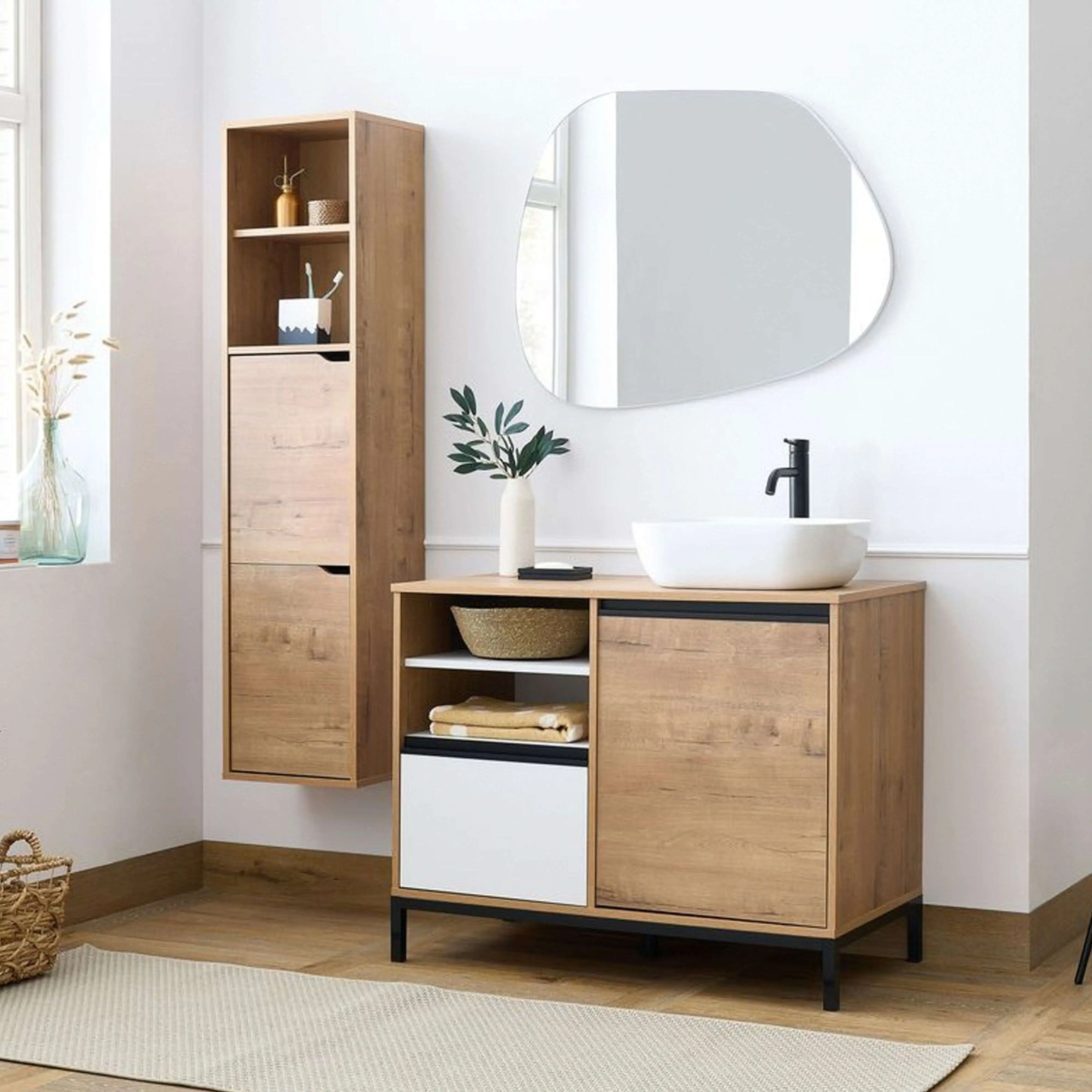 Miroytengo Pack Muebles para baño Támesis Estilo Industrial Roble Gold y Blanco (Mueble baño + Columna + Lavabo cerámico)