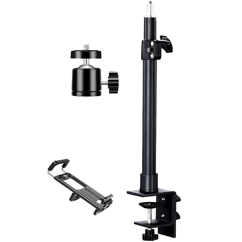 Supporto per Fotografia da Tavolo, Supporto da Scrivania con Clip per iPad e Dispositivi Mobili, Supporto per Flash e Fotocamera, Luce ad Anello, Microfono, Monopiede da Studio con Testa a Sfera,
